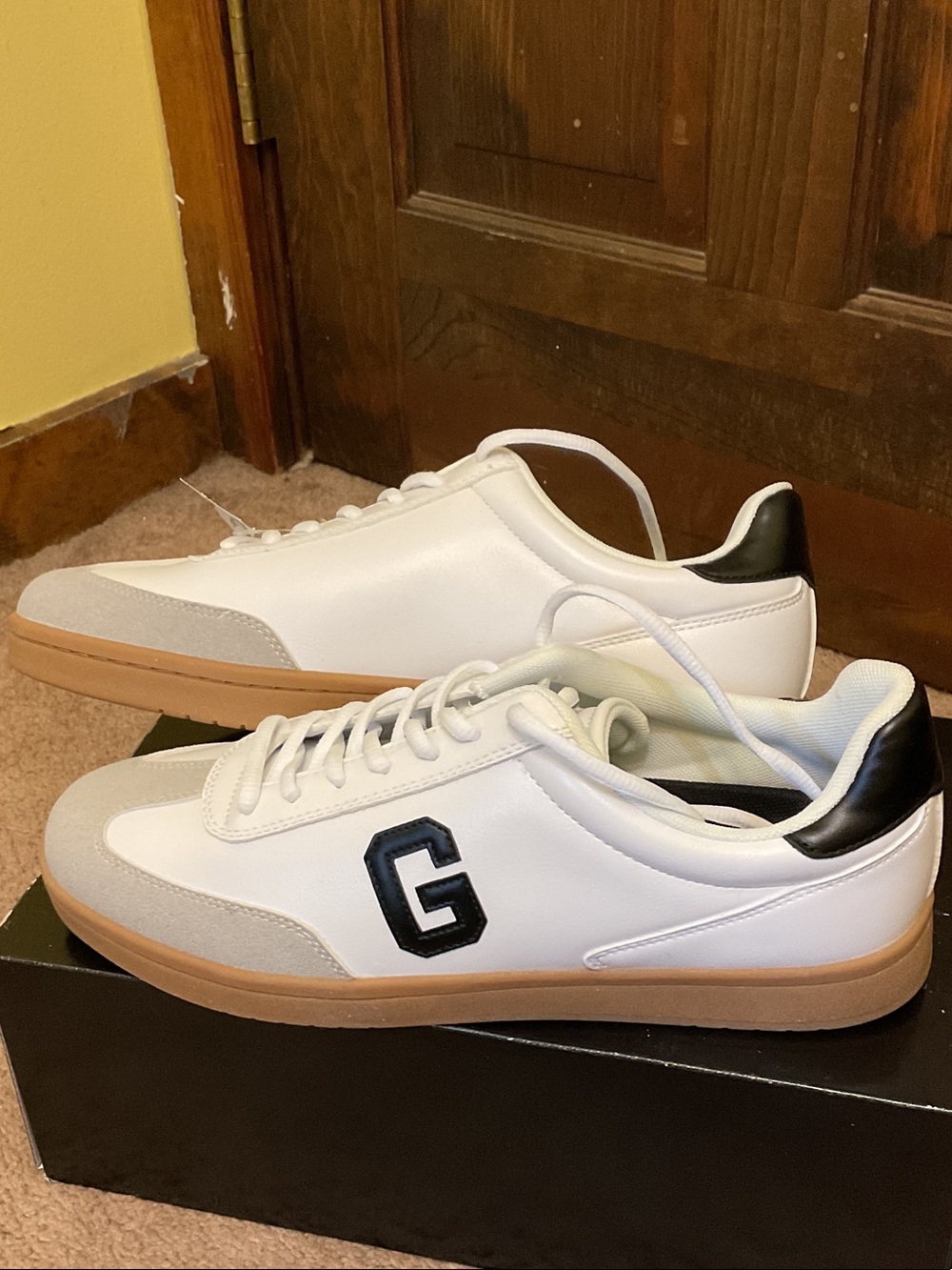 Guess White Leather Sneakers with Black Heel & Gum Sole